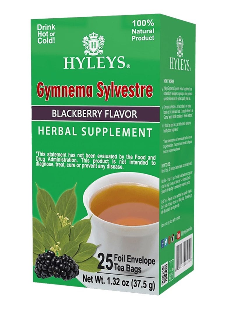 Hyleys Gymnema Sylvestre with Green Tea - Blackberry Flavor - 25 Tea Bags - Herbal Supplement Gurmar Tea - Image 1